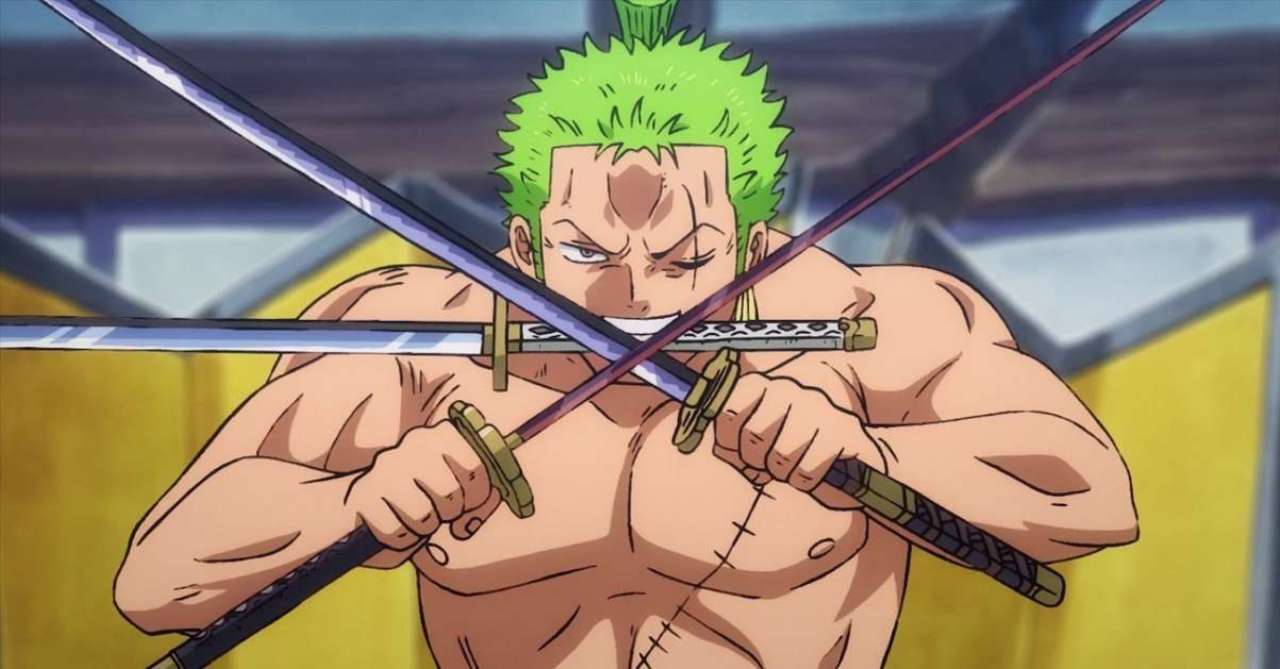 Zoro, tem cabelos verdes, empunha uma espada em cada mão e uma espada entre os dentes, possui uma cicatriz no peito, e não tem o olho esquerdo, somente uma cicatriz